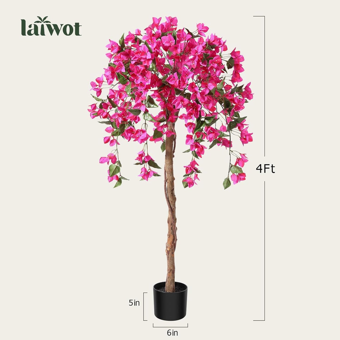 4FT Artificial Tree Tall Potted Fake Bougainvillea Trees for Outdoor Indoor Office Wedding Home Decor Lifelike Faux Plants with Wood Trunk and Pink Flowers
