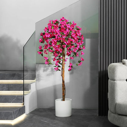 4FT Artificial Tree Tall Potted Fake Bougainvillea Trees for Outdoor Indoor Office Wedding Home Decor Lifelike Faux Plants with Wood Trunk and Pink Flowers