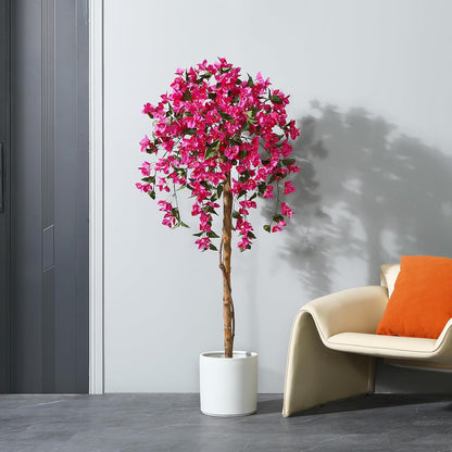 4FT Artificial Tree Tall Potted Fake Bougainvillea Trees for Outdoor Indoor Office Wedding Home Decor Lifelike Faux Plants with Wood Trunk and Pink Flowers