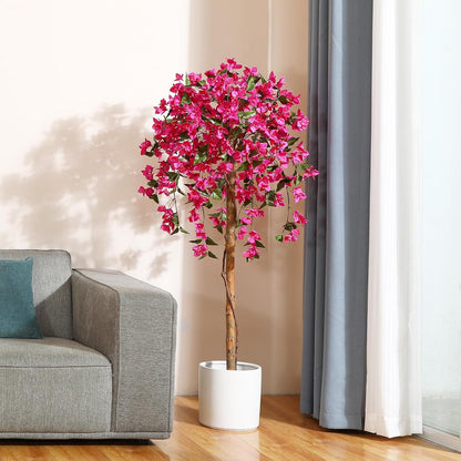 4FT Artificial Tree Tall Potted Fake Bougainvillea Trees for Outdoor Indoor Office Wedding Home Decor Lifelike Faux Plants with Wood Trunk and Pink Flowers