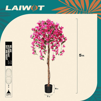 4FT Artificial Tree Tall Potted Fake Bougainvillea Trees for Outdoor Indoor Office Wedding Home Decor Lifelike Faux Plants with Wood Trunk and Pink Flowers