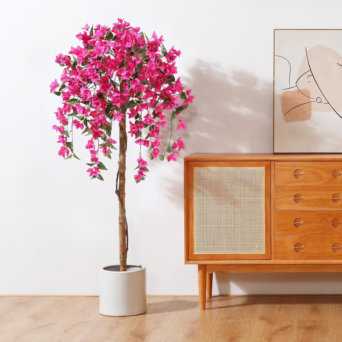 4FT Artificial Tree Tall Potted Fake Bougainvillea Trees for Outdoor Indoor Office Wedding Home Decor Lifelike Faux Plants with Wood Trunk and Pink Flowers