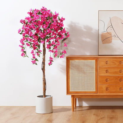 4FT Artificial Tree Tall Potted Fake Bougainvillea Trees for Outdoor Indoor Office Wedding Home Decor Lifelike Faux Plants with Wood Trunk and Pink Flowers