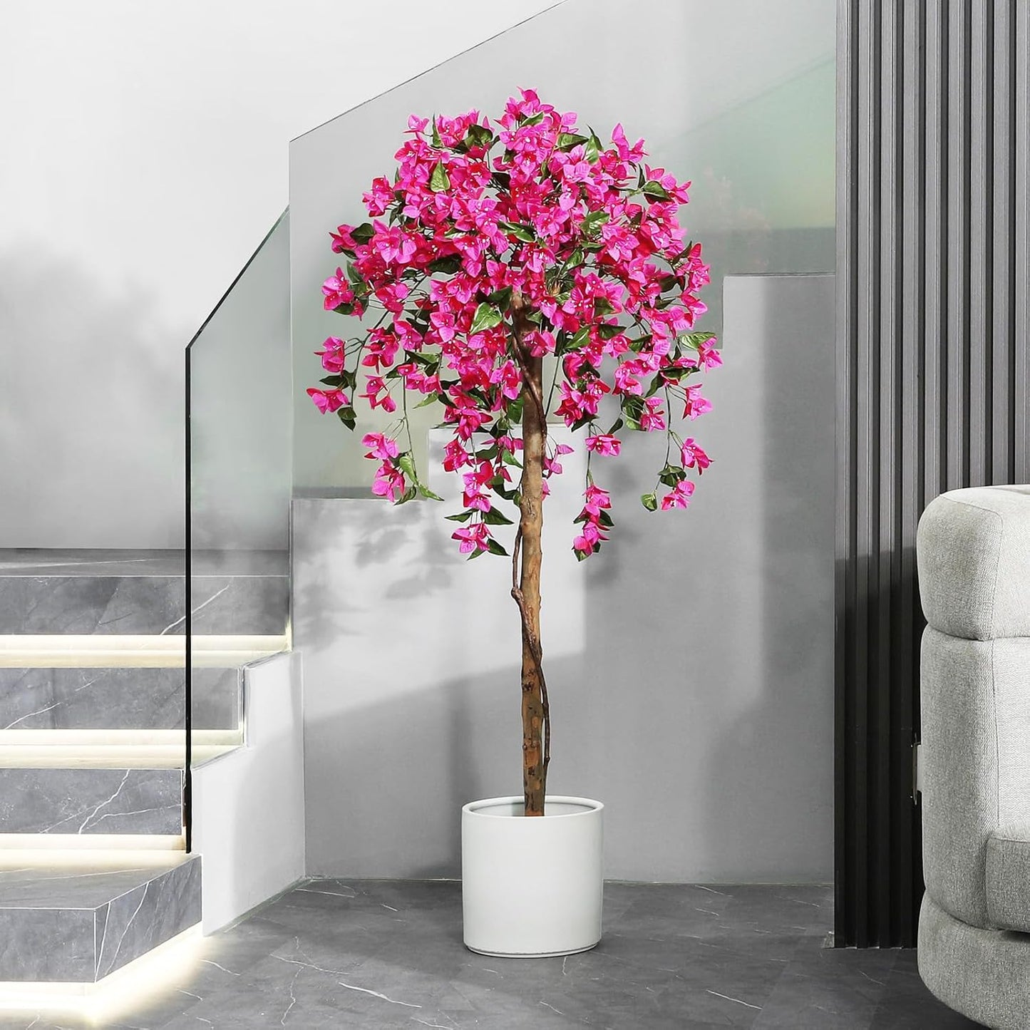 4FT Artificial Tree Tall Potted Fake Bougainvillea Trees for Outdoor Indoor Office Wedding Home Decor Lifelike Faux Plants with Wood Trunk and Pink Flowers
