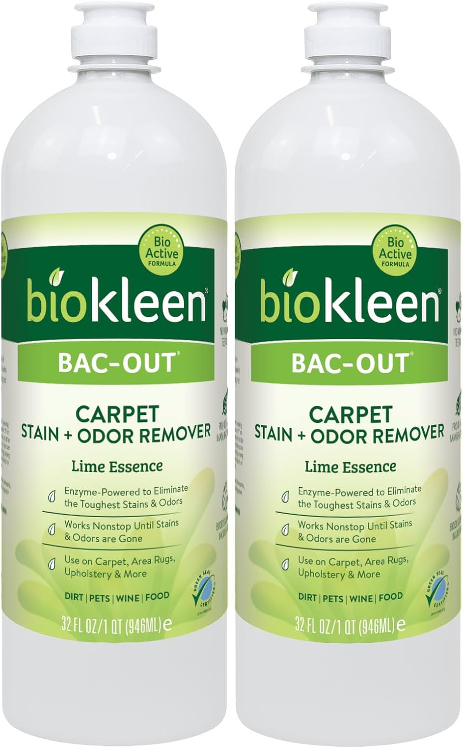 Bac-Out Enzyme Cleaner Spray and Stain & Odor Remover for Pet Stains, Laundry, Diapers, Wine, Carpets, & More, Eco-Friendly, Non-Toxic, Lime Scent, 32 Ounces