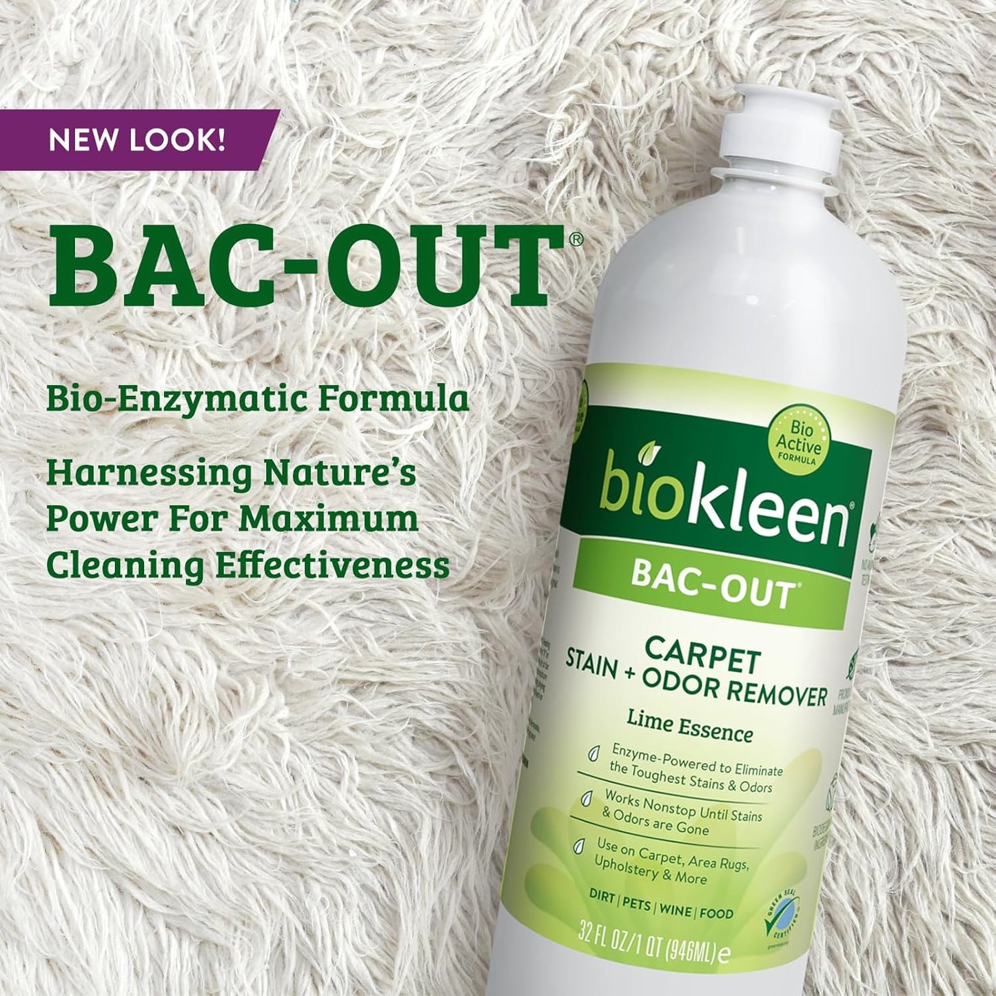 Bac-Out Enzyme Cleaner Spray and Stain & Odor Remover for Pet Stains, Laundry, Diapers, Wine, Carpets, & More, Eco-Friendly, Non-Toxic, Lime Scent, 32 Ounces