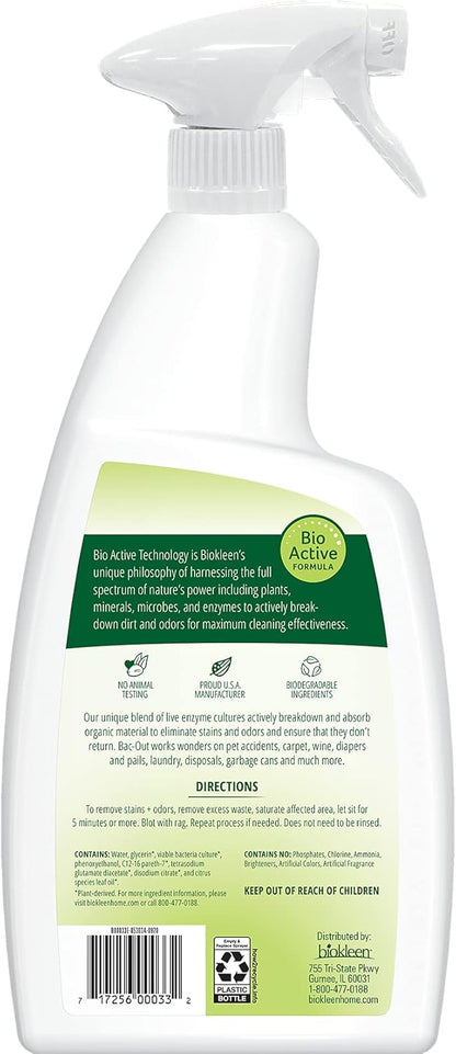 Bac-Out Enzyme Cleaner Spray and Stain & Odor Remover for Pet Stains, Laundry, Diapers, Wine, Carpets, & More, Eco-Friendly, Non-Toxic, Lime Scent, 32 Ounces