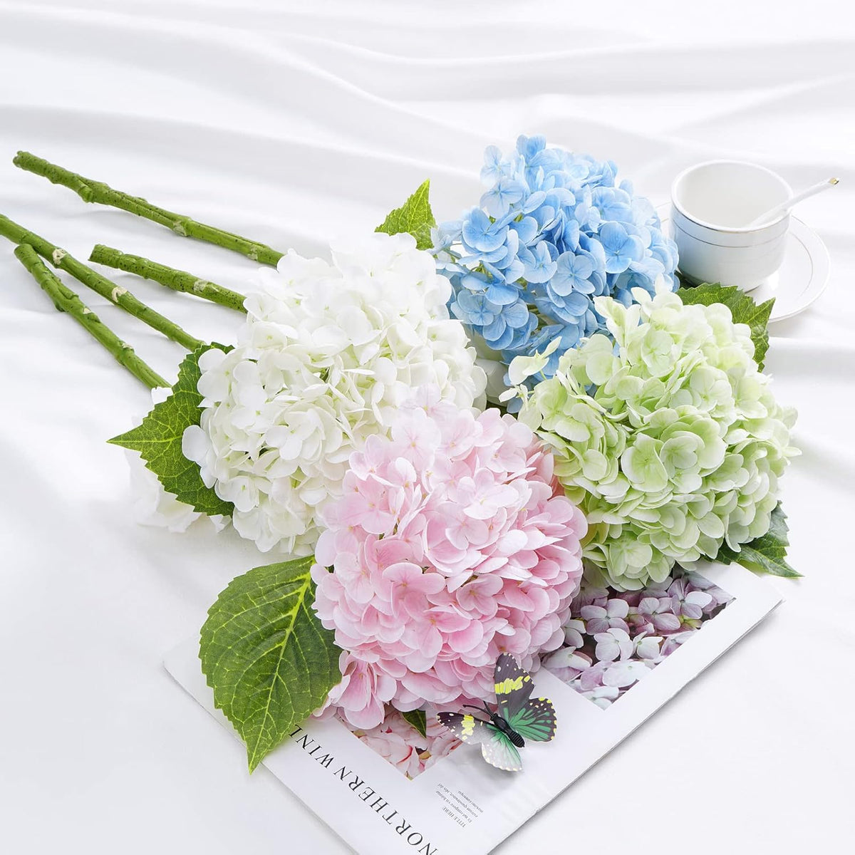 21" Real Touch White Hydrangea Artificial Flowers with Long Stem & Leaves, Full Latex Faux Hydrangea Flowers for Home Decor Party Floral Arrangements Wedding Bouquets Centerpieces