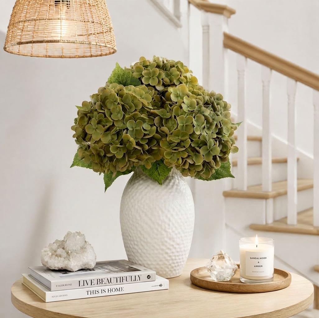 21" Real Touch White Hydrangea Artificial Flowers with Long Stem & Leaves, Full Latex Faux Hydrangea Flowers for Home Decor Party Floral Arrangements Wedding Bouquets Centerpieces