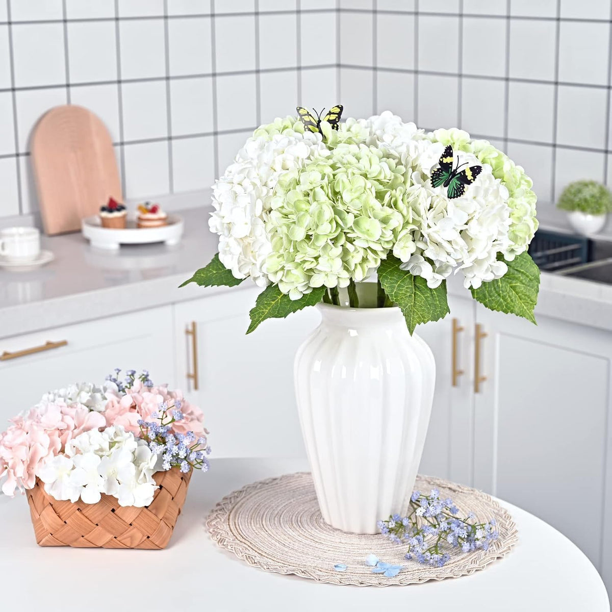 21" Real Touch White Hydrangea Artificial Flowers with Long Stem & Leaves, Full Latex Faux Hydrangea Flowers for Home Decor Party Floral Arrangements Wedding Bouquets Centerpieces