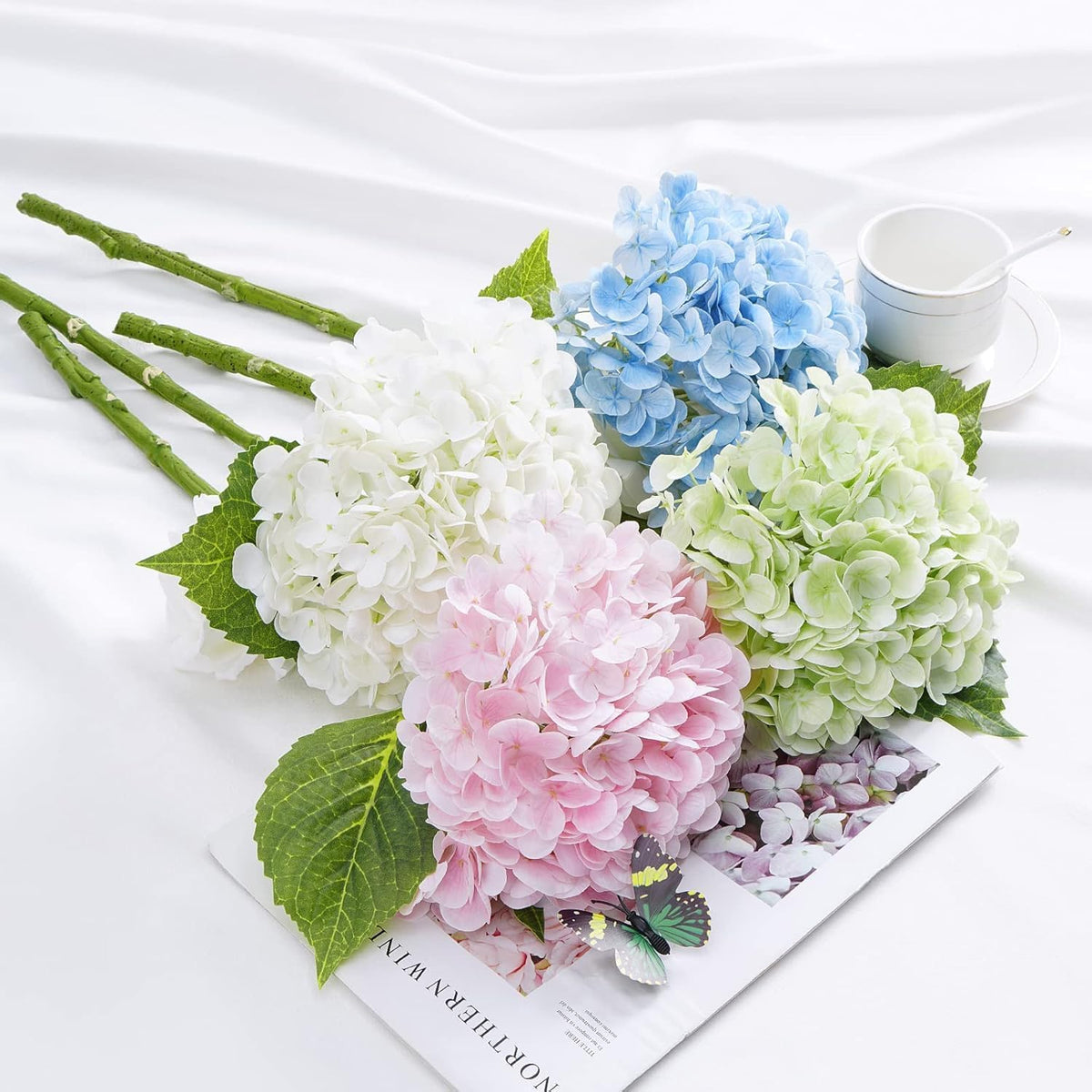 21" Real Touch White Hydrangea Artificial Flowers with Long Stem & Leaves, Full Latex Faux Hydrangea Flowers for Home Decor Party Floral Arrangements Wedding Bouquets Centerpieces