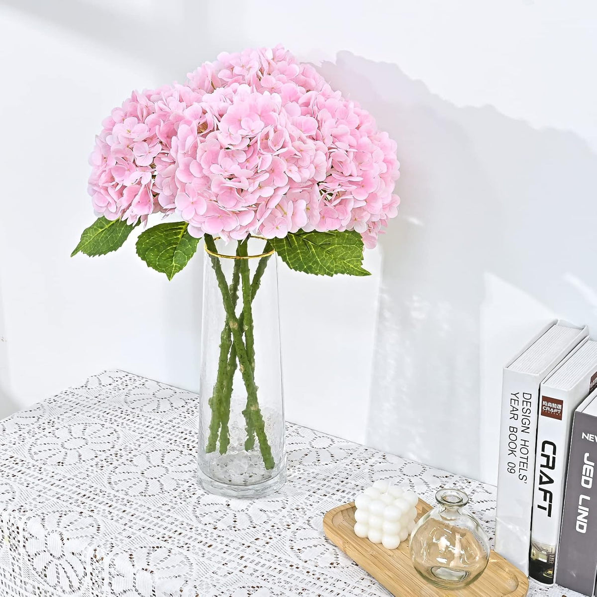 21" Real Touch White Hydrangea Artificial Flowers with Long Stem & Leaves, Full Latex Faux Hydrangea Flowers for Home Decor Party Floral Arrangements Wedding Bouquets Centerpieces