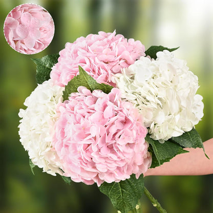 21" Real Touch White Hydrangea Artificial Flowers with Long Stem & Leaves, Full Latex Faux Hydrangea Flowers for Home Decor Party Floral Arrangements Wedding Bouquets Centerpieces