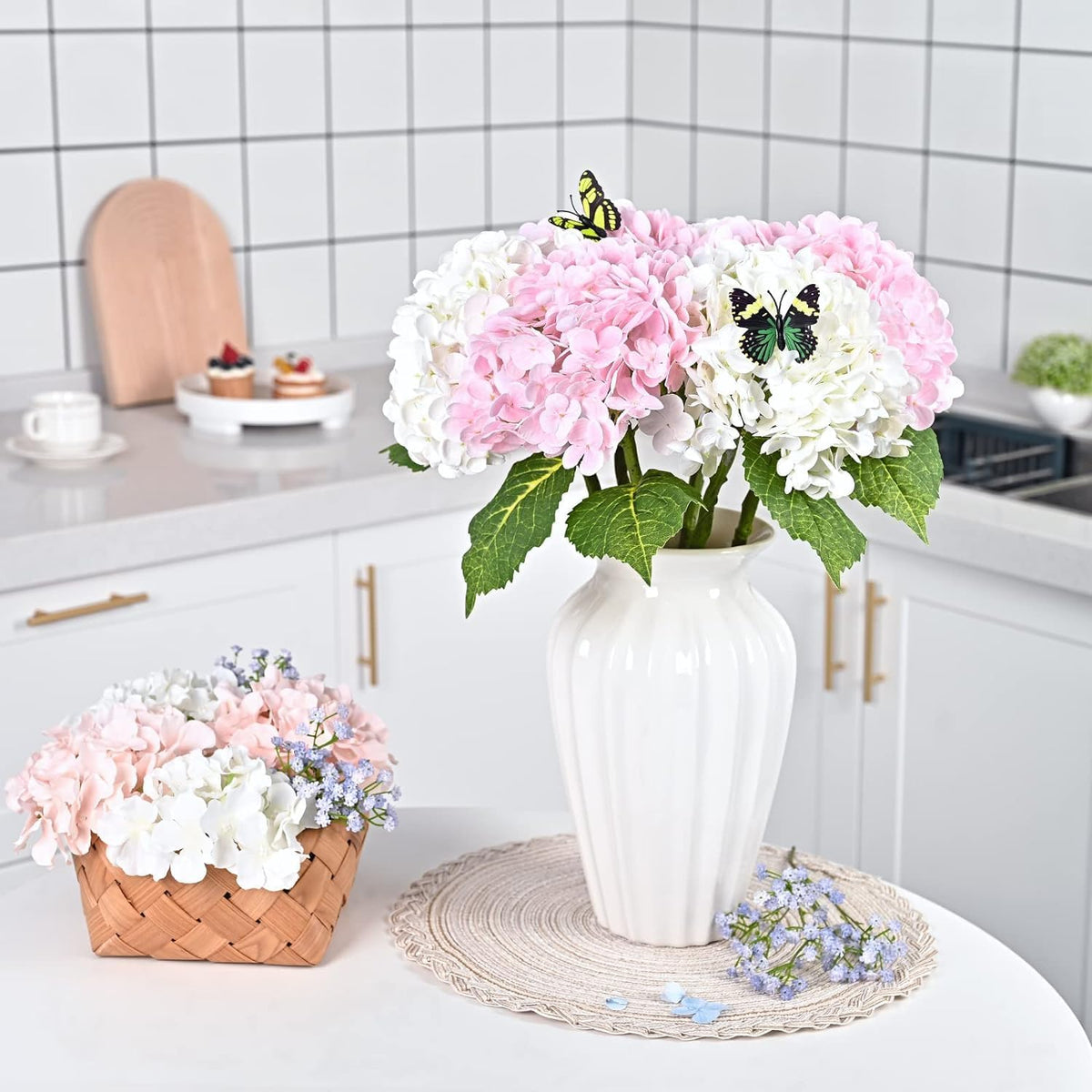 21" Real Touch White Hydrangea Artificial Flowers with Long Stem & Leaves, Full Latex Faux Hydrangea Flowers for Home Decor Party Floral Arrangements Wedding Bouquets Centerpieces