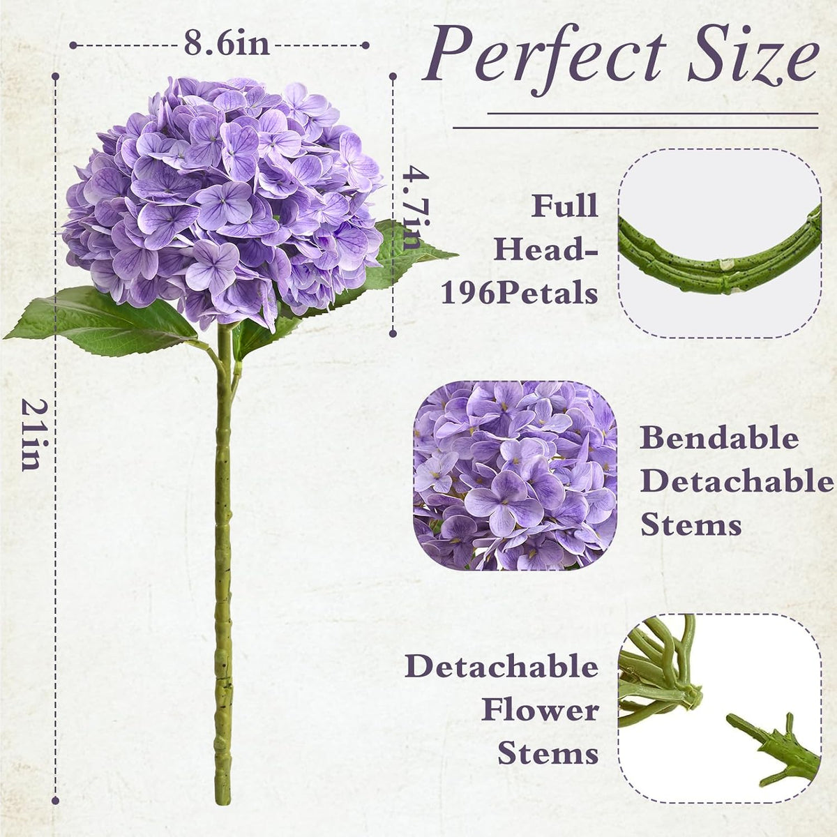 21" Real Touch White Hydrangea Artificial Flowers with Long Stem & Leaves, Full Latex Faux Hydrangea Flowers for Home Decor Party Floral Arrangements Wedding Bouquets Centerpieces