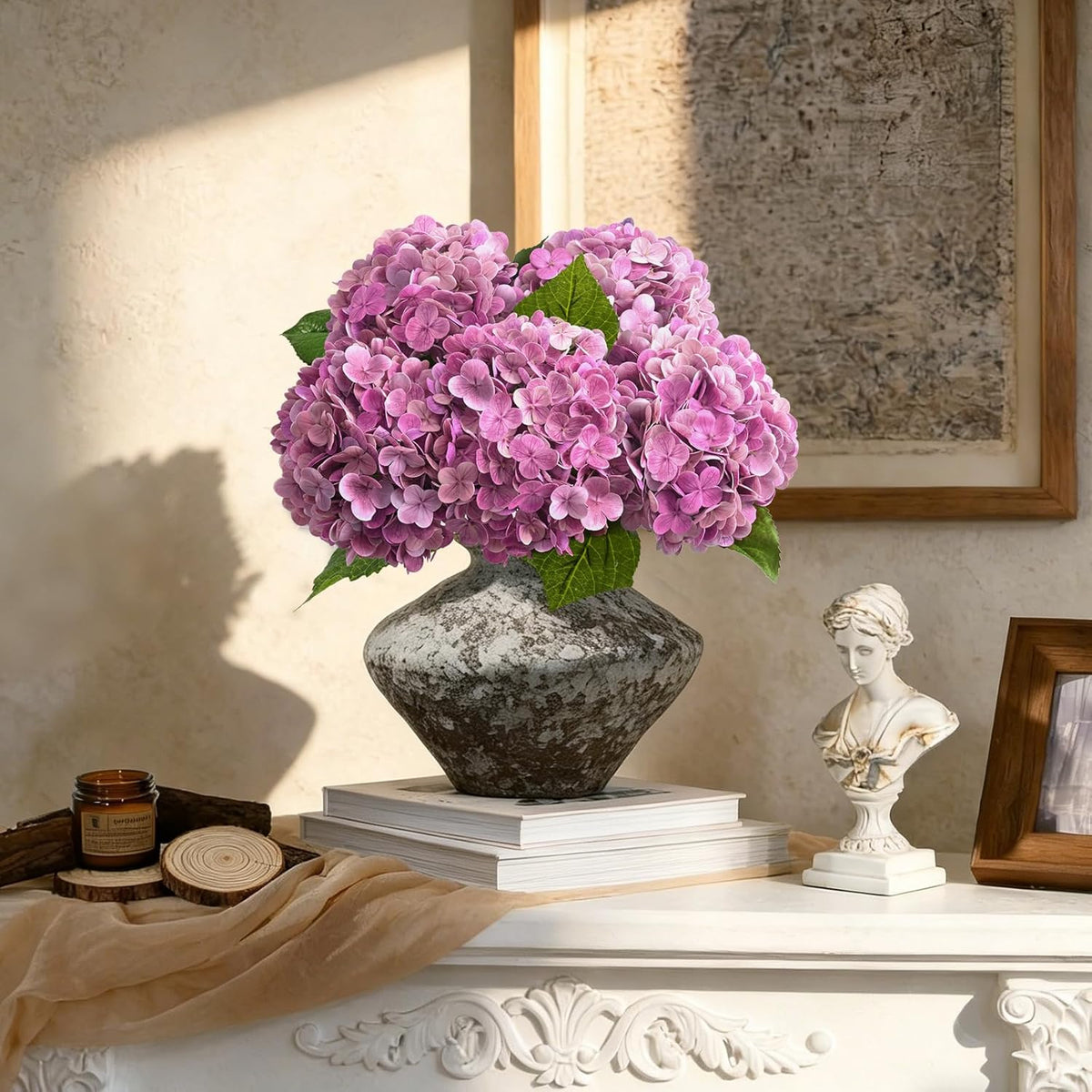 21" Real Touch White Hydrangea Artificial Flowers with Long Stem & Leaves, Full Latex Faux Hydrangea Flowers for Home Decor Party Floral Arrangements Wedding Bouquets Centerpieces