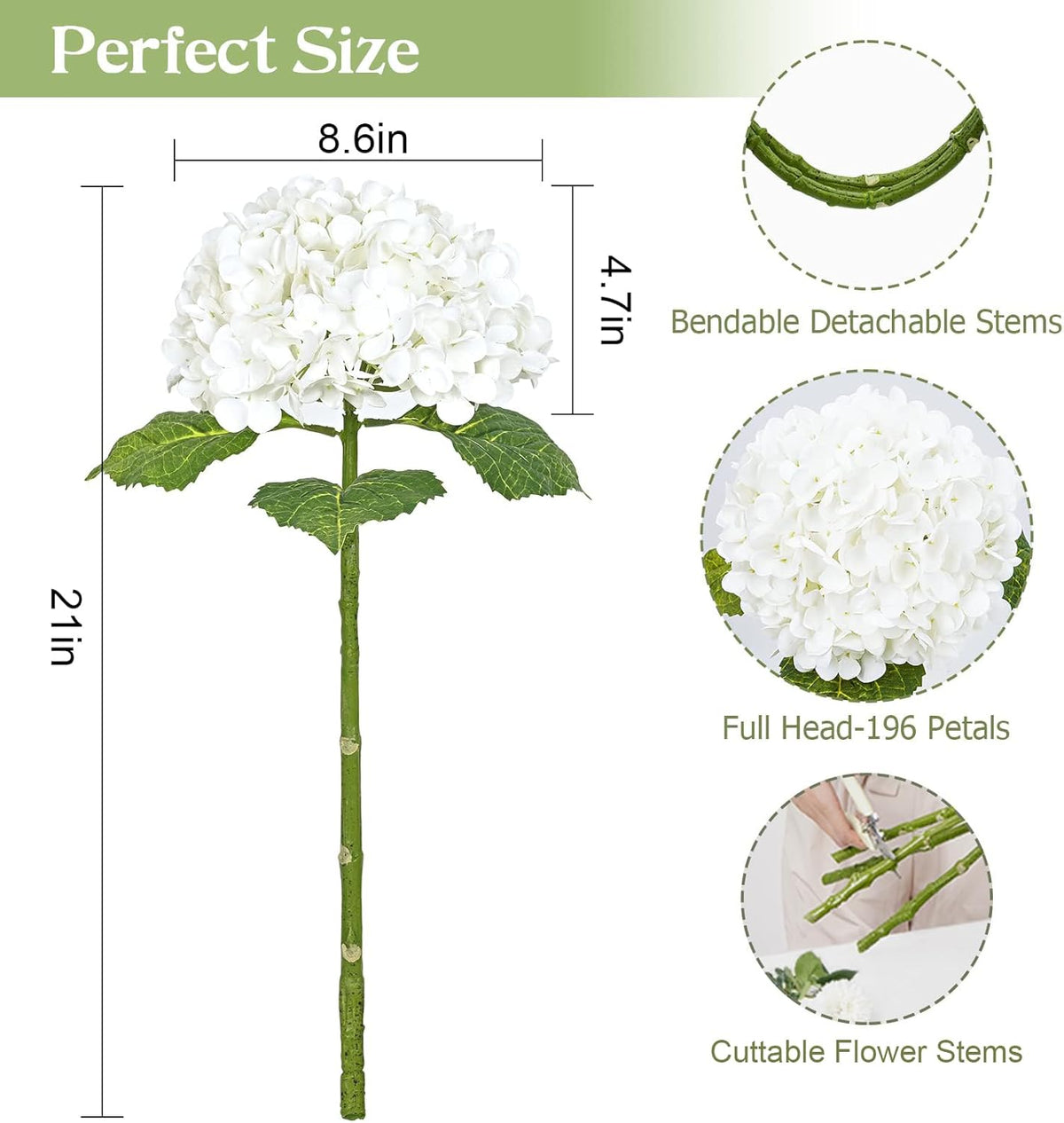 21" Real Touch White Hydrangea Artificial Flowers with Long Stem & Leaves, Full Latex Faux Hydrangea Flowers for Home Decor Party Floral Arrangements Wedding Bouquets Centerpieces