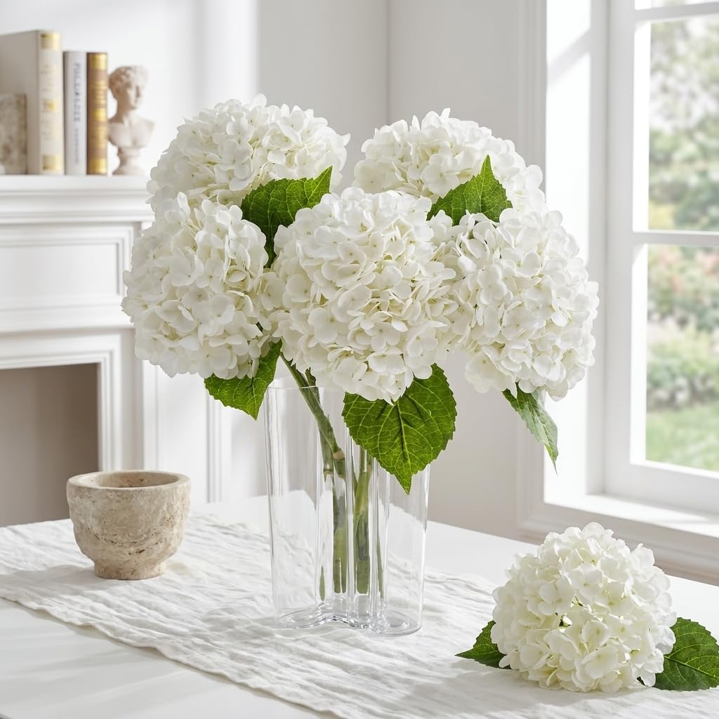 21" Real Touch White Hydrangea Artificial Flowers with Long Stem & Leaves, Full Latex Faux Hydrangea Flowers for Home Decor Party Floral Arrangements Wedding Bouquets Centerpieces