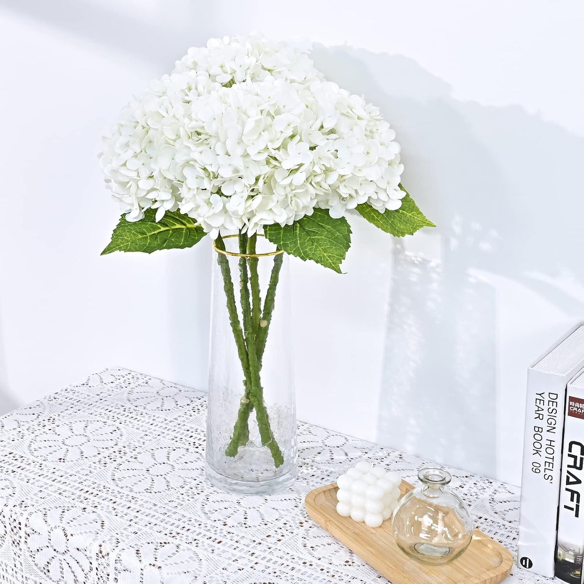 21" Real Touch White Hydrangea Artificial Flowers with Long Stem & Leaves, Full Latex Faux Hydrangea Flowers for Home Decor Party Floral Arrangements Wedding Bouquets Centerpieces