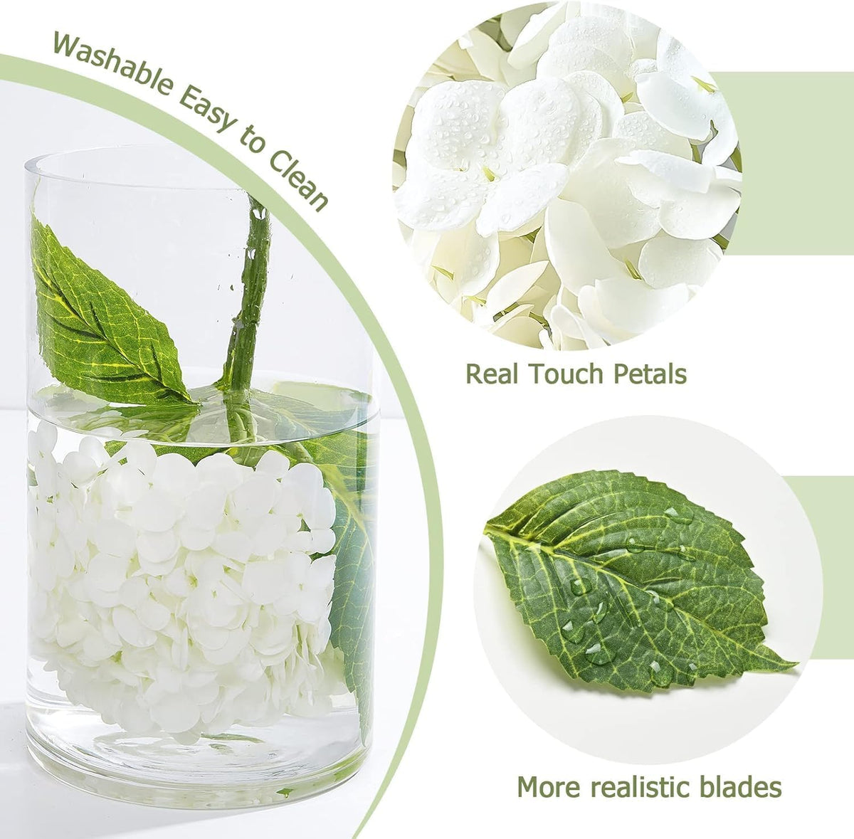 21" Real Touch White Hydrangea Artificial Flowers with Long Stem & Leaves, Full Latex Faux Hydrangea Flowers for Home Decor Party Floral Arrangements Wedding Bouquets Centerpieces