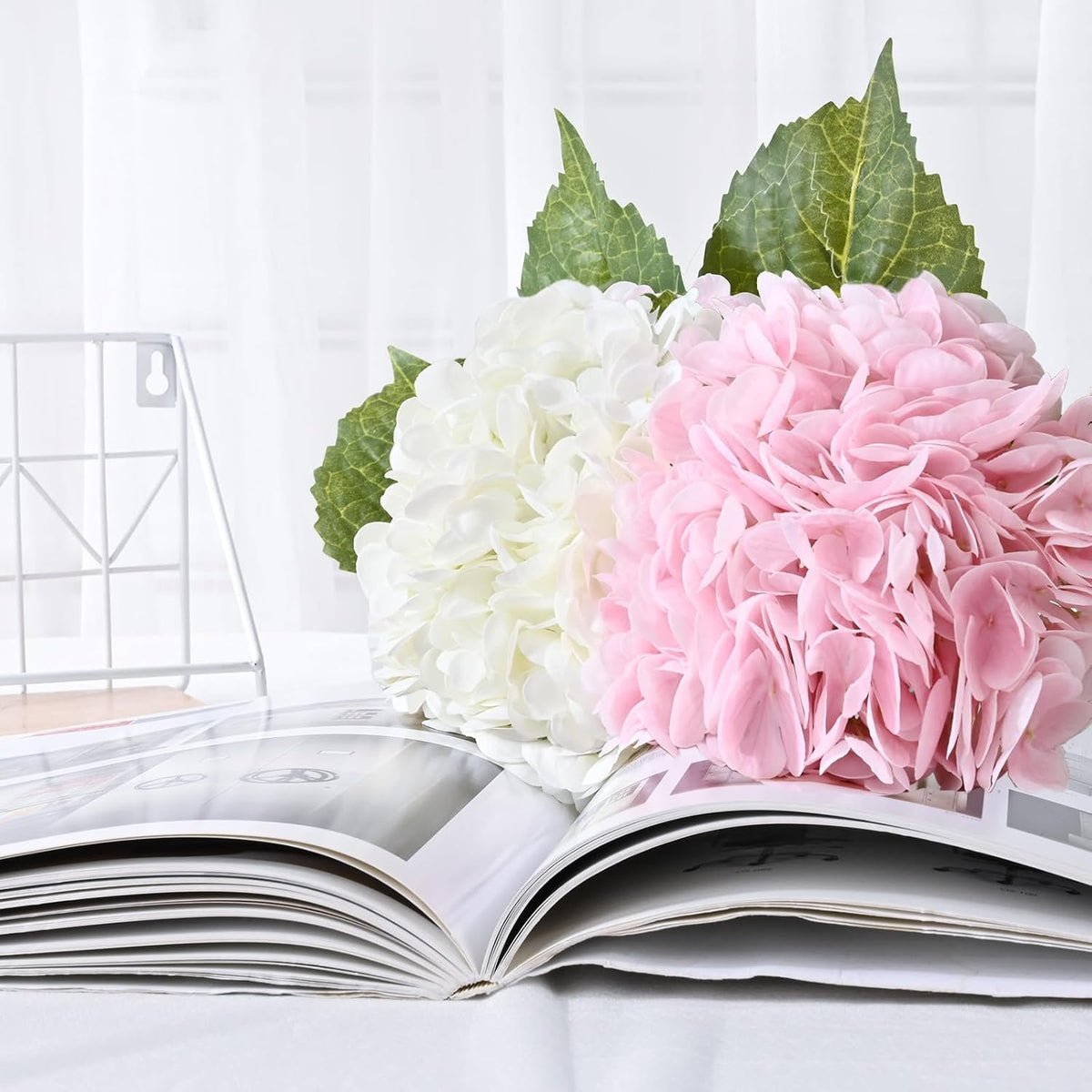 21" Real Touch White Hydrangea Artificial Flowers with Long Stem & Leaves, Full Latex Faux Hydrangea Flowers for Home Decor Party Floral Arrangements Wedding Bouquets Centerpieces