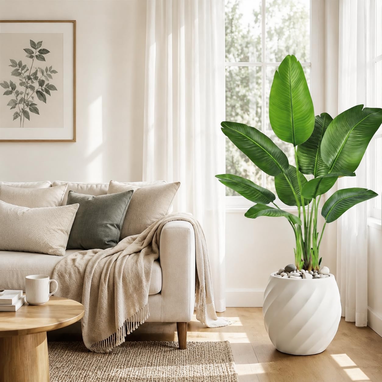 Birds of Paradise Artificial Plants Indoor, 4FT Fake Banana Tree | Lifelike Tall Fake Tropical Palm Indoor, Faux Banana Leaf Plant in Black Pot, Floor Plants for House,Office,Room,Home Decor