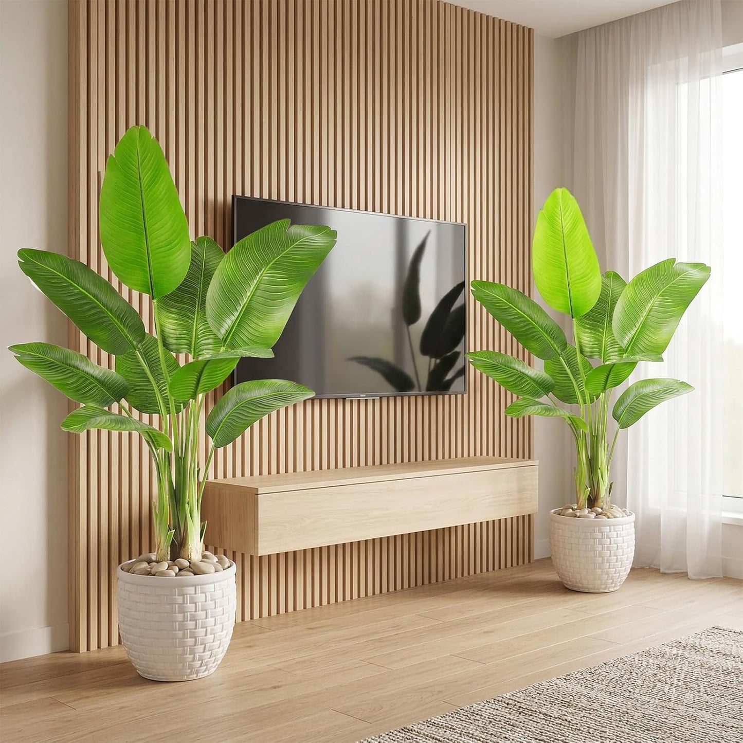 Birds of Paradise Artificial Plants Indoor, 4FT Fake Banana Tree | Lifelike Tall Fake Tropical Palm Indoor, Faux Banana Leaf Plant in Black Pot, Floor Plants for House,Office,Room,Home Decor