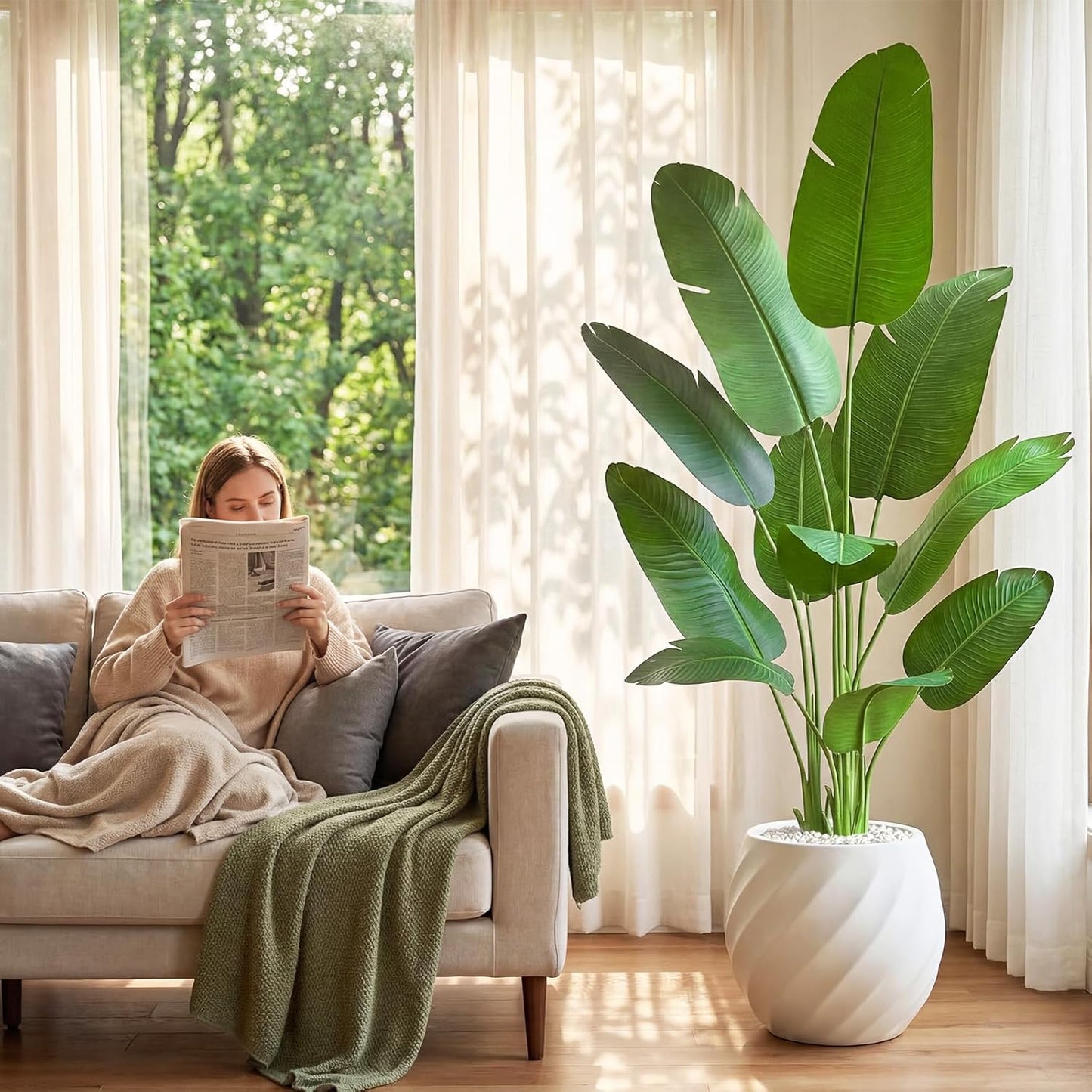 Birds of Paradise Artificial Plants Indoor, 4FT Fake Banana Tree | Lifelike Tall Fake Tropical Palm Indoor, Faux Banana Leaf Plant in Black Pot, Floor Plants for House,Office,Room,Home Decor