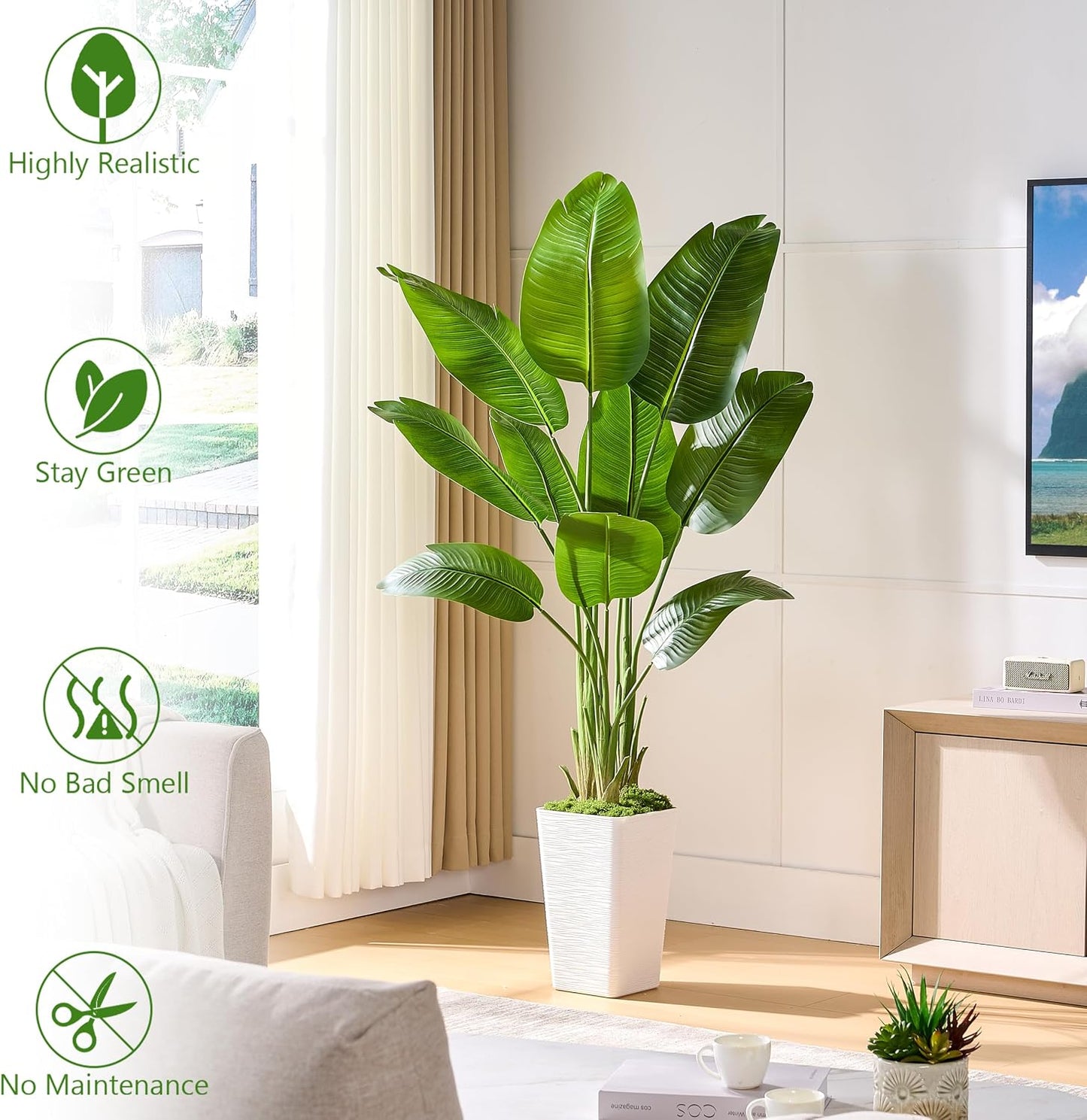 Birds of Paradise Artificial Plants Indoor, 4FT Fake Banana Tree | Lifelike Tall Fake Tropical Palm Indoor, Faux Banana Leaf Plant in Black Pot, Floor Plants for House,Office,Room,Home Decor