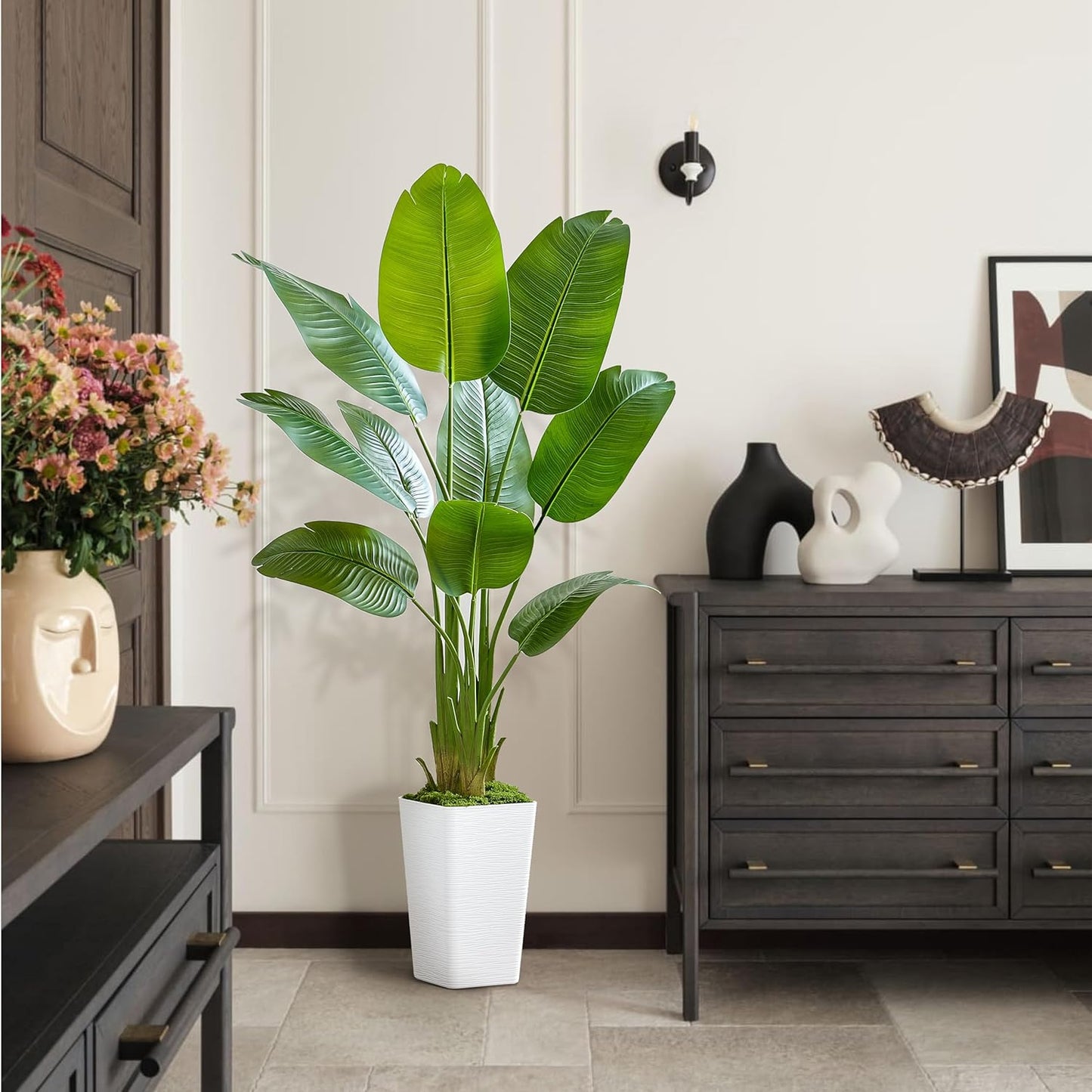Birds of Paradise Artificial Plants Indoor, 4FT Fake Banana Tree | Lifelike Tall Fake Tropical Palm Indoor, Faux Banana Leaf Plant in Black Pot, Floor Plants for House,Office,Room,Home Decor