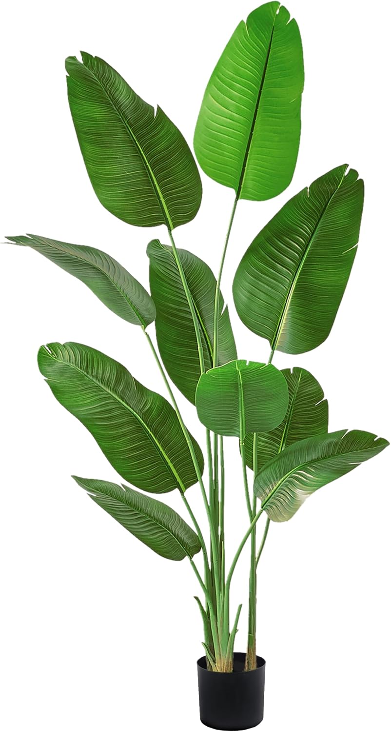 Birds of Paradise Artificial Plants Indoor, 4FT Fake Banana Tree | Lifelike Tall Fake Tropical Palm Indoor, Faux Banana Leaf Plant in Black Pot, Floor Plants for House,Office,Room,Home Decor