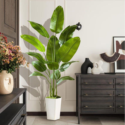 Birds of Paradise Artificial Plants Indoor, 4FT Fake Banana Tree | Lifelike Tall Fake Tropical Palm Indoor, Faux Banana Leaf Plant in Black Pot, Floor Plants for House,Office,Room,Home Decor