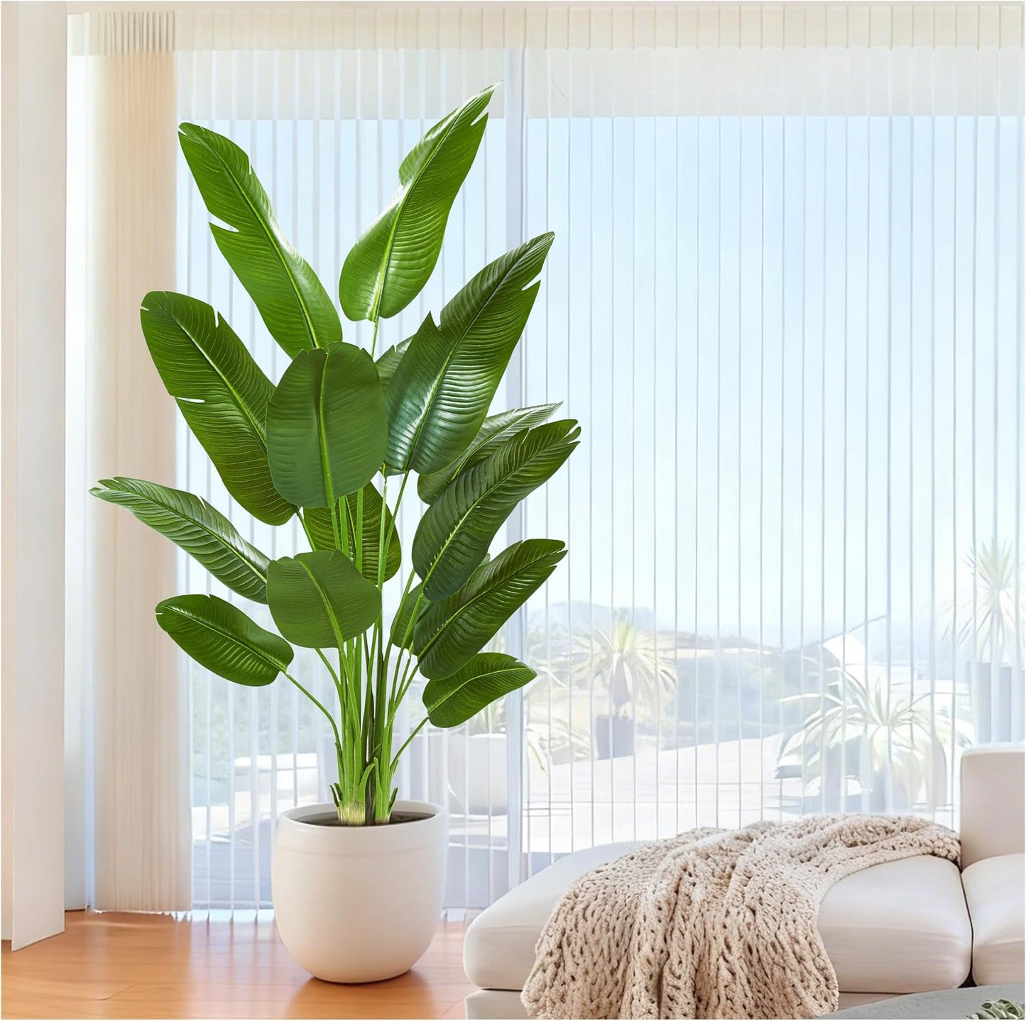 Birds of Paradise Artificial Plants Indoor, 4FT Fake Banana Tree | Lifelike Tall Fake Tropical Palm Indoor, Faux Banana Leaf Plant in Black Pot, Floor Plants for House,Office,Room,Home Decor