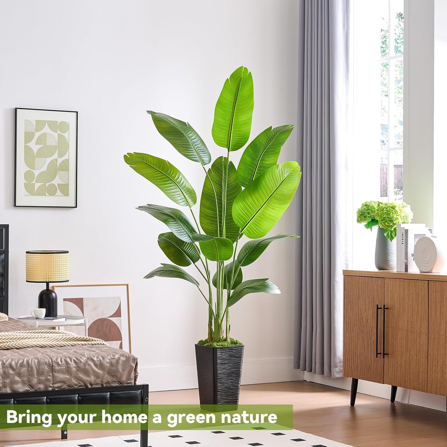 Birds of Paradise Artificial Plants Indoor, 4FT Fake Banana Tree | Lifelike Tall Fake Tropical Palm Indoor, Faux Banana Leaf Plant in Black Pot, Floor Plants for House,Office,Room,Home Decor