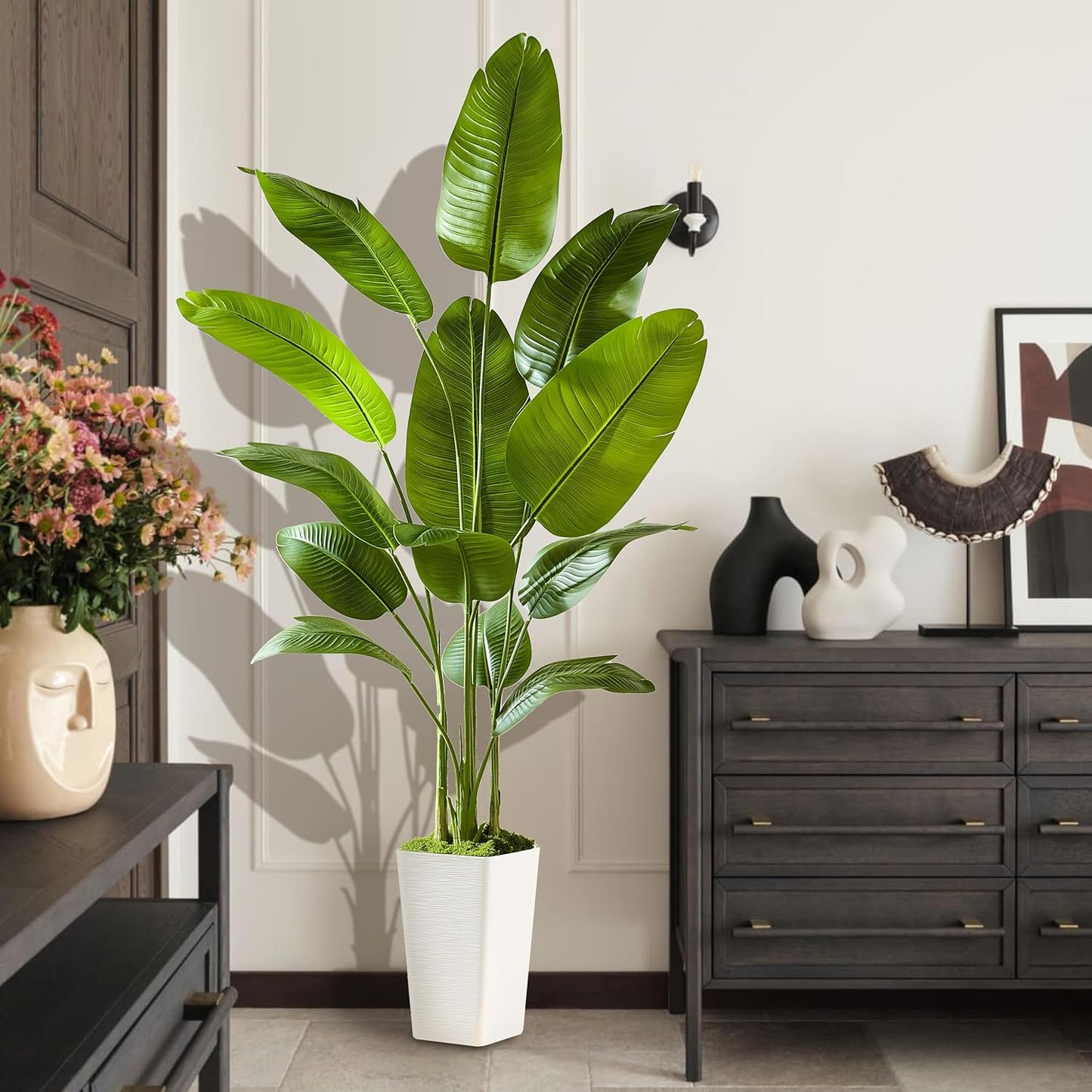 Birds of Paradise Artificial Plants Indoor, 4FT Fake Banana Tree | Lifelike Tall Fake Tropical Palm Indoor, Faux Banana Leaf Plant in Black Pot, Floor Plants for House,Office,Room,Home Decor