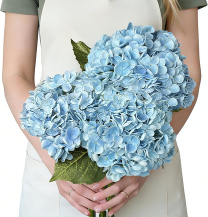 3 Pcs 21in Blue Hydrangea Artificial Flowers, Latex Real Touch Hydrangeas