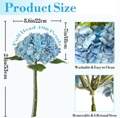 3 Pcs 21in Blue Hydrangea Artificial Flowers, Latex Real Touch Hydrangeas