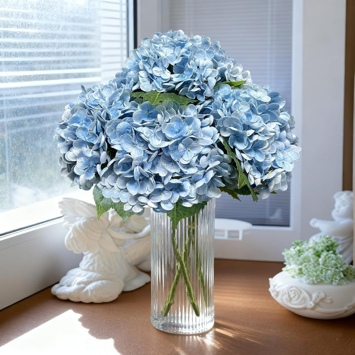 3 Pcs 21in Blue Hydrangea Artificial Flowers, Latex Real Touch Hydrangeas