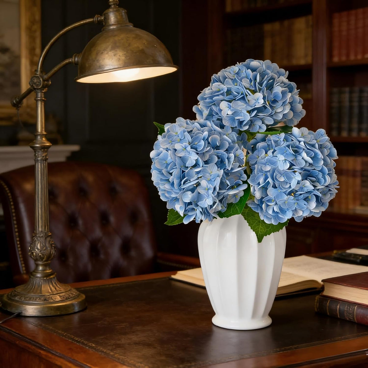 3 Pcs 21in Blue Hydrangea Artificial Flowers, Latex Real Touch Hydrangeas