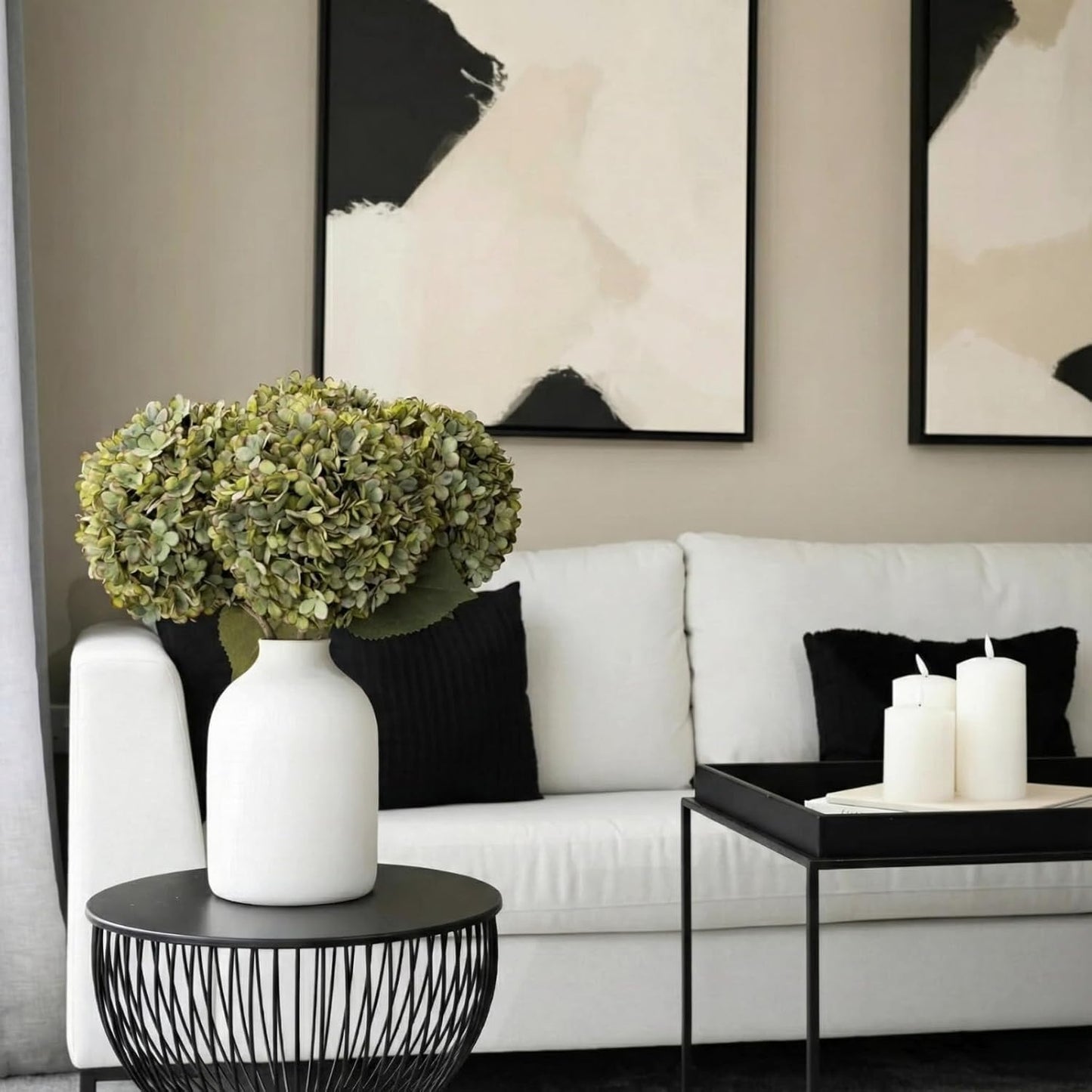Real Touch White Faux Hydrangea And Eucalyptus Arrangement, Faux Floral Arrangements, Hyper Realistic Artificial Flowers, White Centerpieces For Kitchen Dining Coffee Table Decor (Vase Not Included)