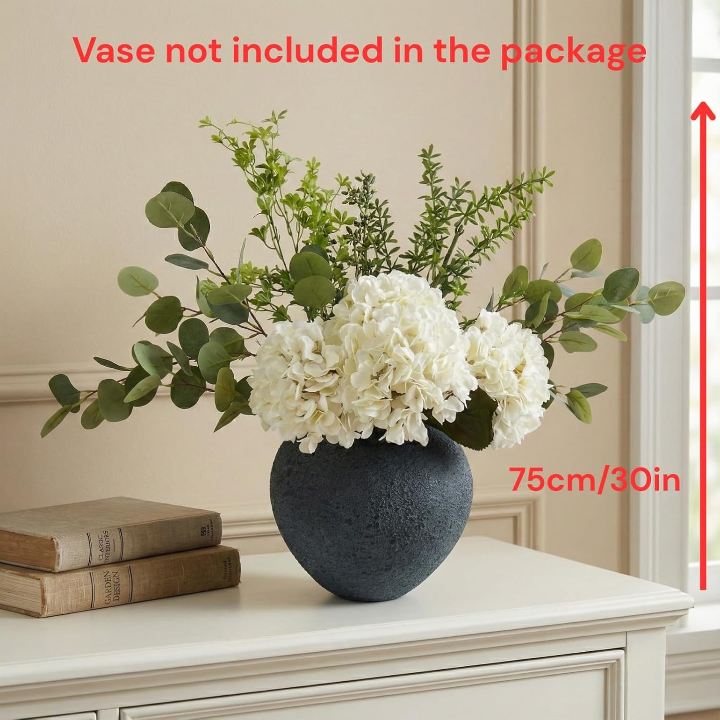 Real Touch White Faux Hydrangea And Eucalyptus Arrangement, Faux Floral Arrangements, Hyper Realistic Artificial Flowers, White Centerpieces For Kitchen Dining Coffee Table Decor (Vase Not Included)