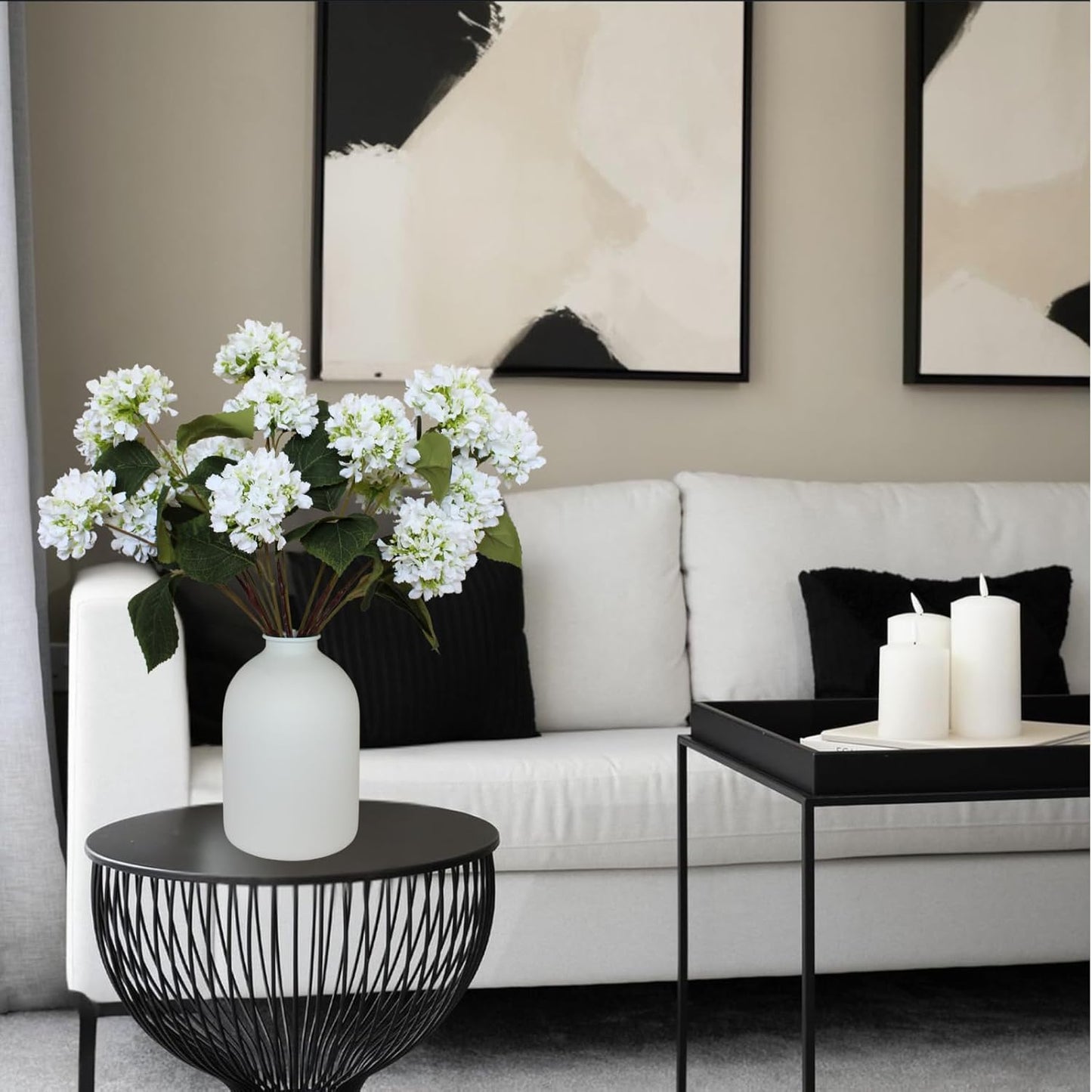 Real Touch White Faux Hydrangea And Eucalyptus Arrangement, Faux Floral Arrangements, Hyper Realistic Artificial Flowers, White Centerpieces For Kitchen Dining Coffee Table Decor (Vase Not Included)
