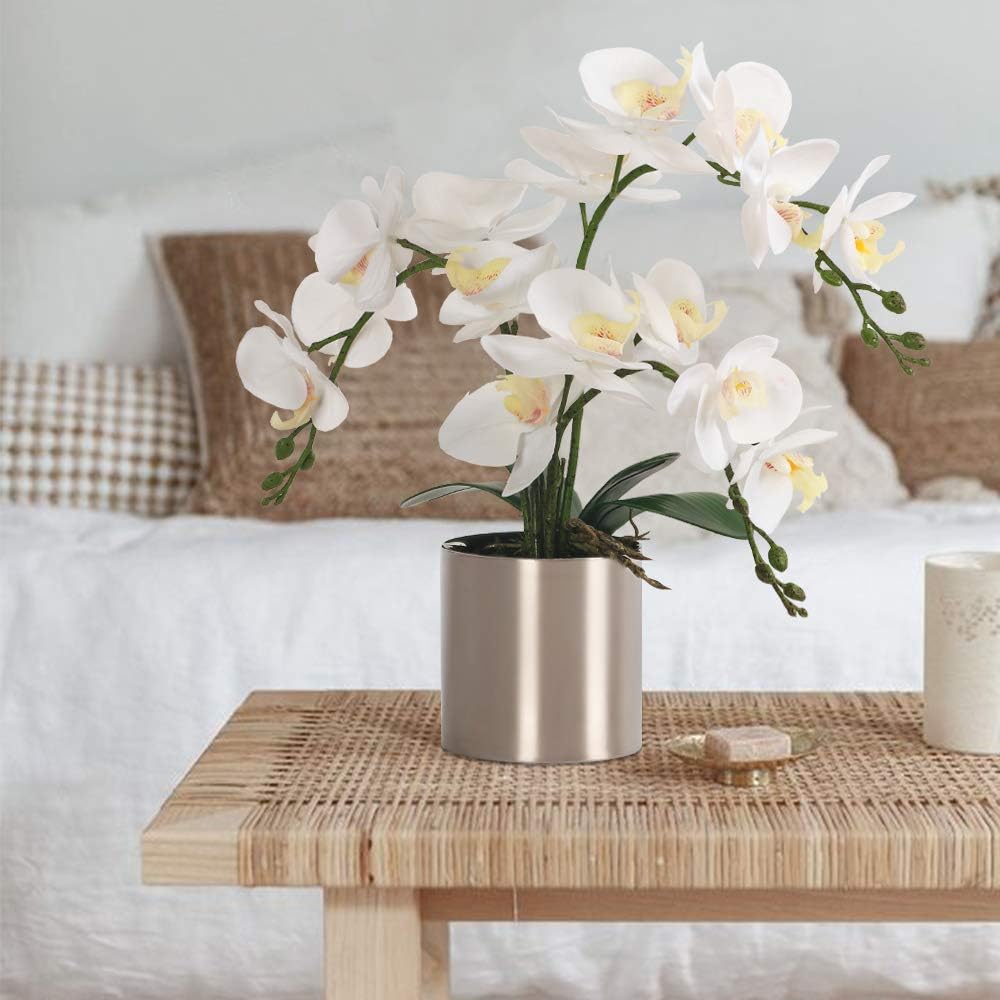 Potted Artificial Orchid Flowers,Real Touch White Fake Artificial Orchid Flower in Silver Vase Arrangement for Table Living Room Decoration (White,Silver Vase)