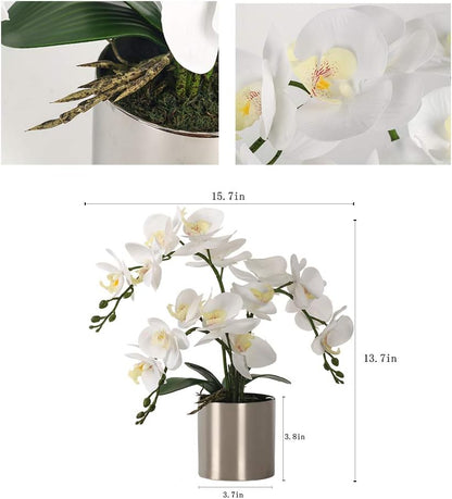 Potted Artificial Orchid Flowers,Real Touch White Fake Artificial Orchid Flower in Silver Vase Arrangement for Table Living Room Decoration (White,Silver Vase)