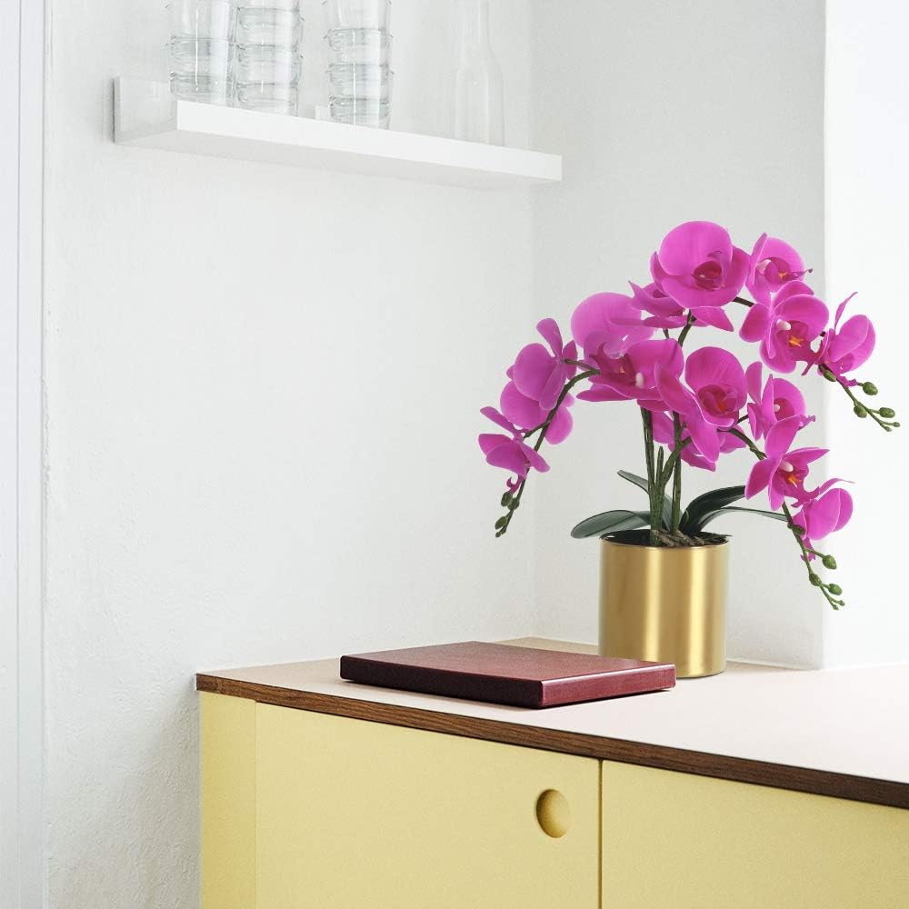 Potted Artificial Orchid Flowers,Real Touch White Fake Artificial Orchid Flower in Silver Vase Arrangement for Table Living Room Decoration (White,Silver Vase)