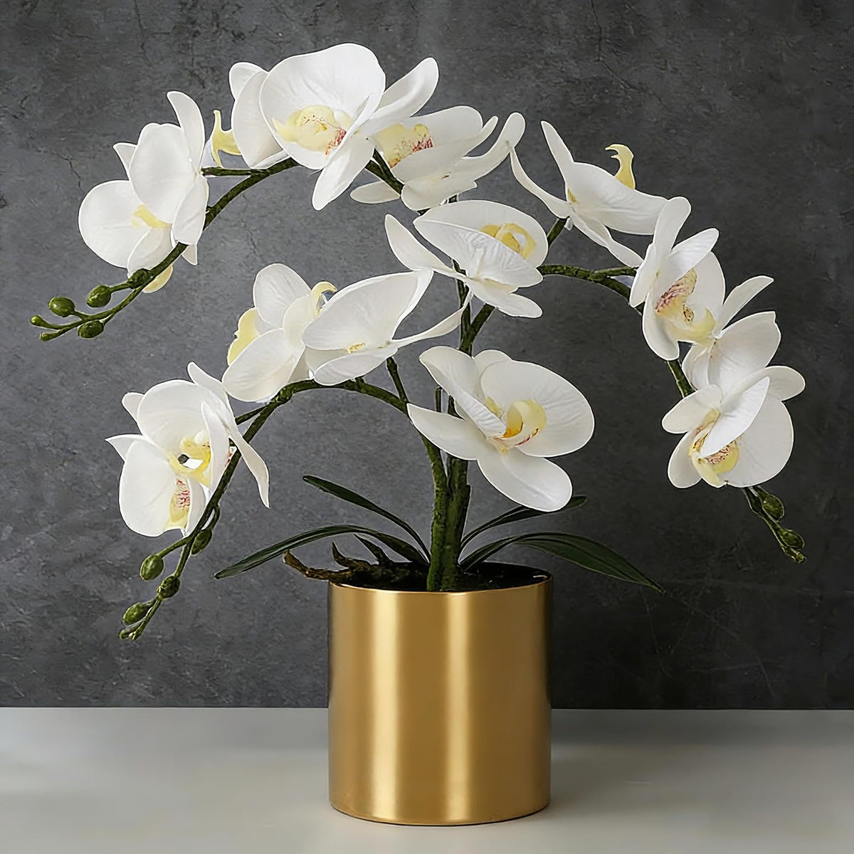 Potted Artificial Orchid Flowers,Real Touch White Fake Artificial Orchid Flower in Silver Vase Arrangement for Table Living Room Decoration (White,Silver Vase)