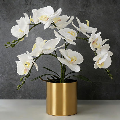 Potted Artificial Orchid Flowers,Real Touch White Fake Artificial Orchid Flower in Silver Vase Arrangement for Table Living Room Decoration (White,Silver Vase)