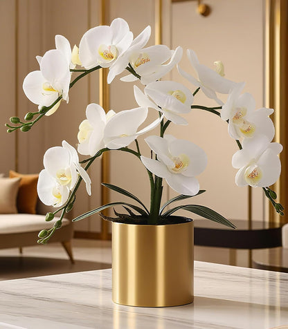 Potted Artificial Orchid Flowers,Real Touch White Fake Artificial Orchid Flower in Silver Vase Arrangement for Table Living Room Decoration (White,Silver Vase)