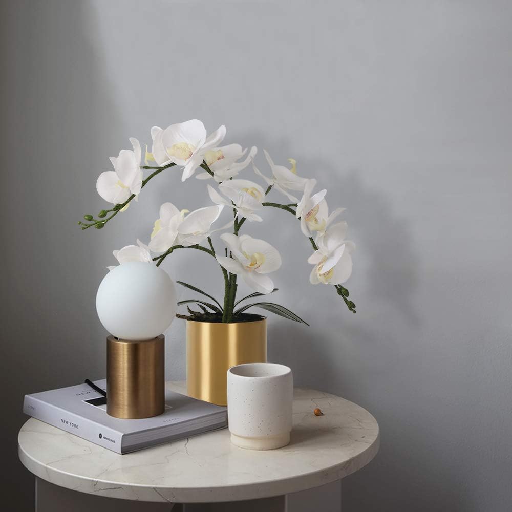 Potted Artificial Orchid Flowers,Real Touch White Fake Artificial Orchid Flower in Silver Vase Arrangement for Table Living Room Decoration (White,Silver Vase)