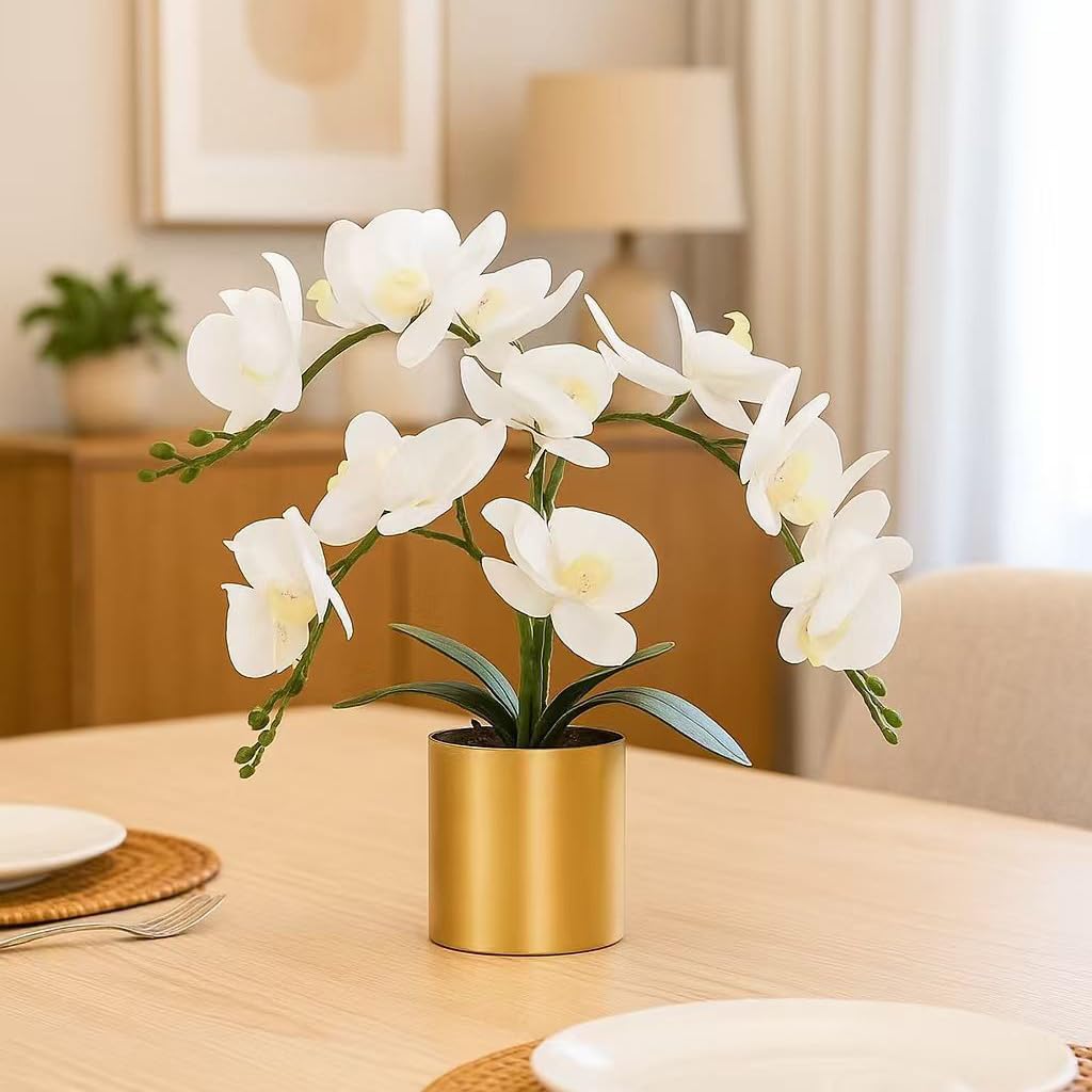 Potted Artificial Orchid Flowers,Real Touch White Fake Artificial Orchid Flower in Silver Vase Arrangement for Table Living Room Decoration (White,Silver Vase)